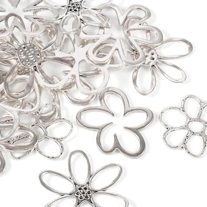 14Pcs Hollow Flower Charms Pendants Antique Silver Floral Connector Charms Flower Theme Alloy Open Back Bezel Frame Charm for UV Resin Pressed DIY Necklace Bracelet Jewelry Making