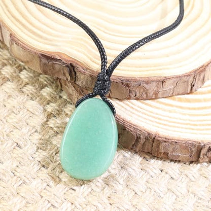 Natural Gemstone Pendant Necklace Healing Crystal Stone Choker Necklace Adjustable Waxed Black Rope for Men - color: Green Aventurine