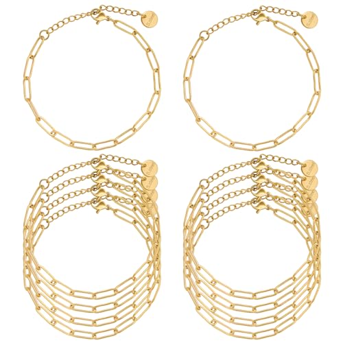UMAOKANG 10PCS 6.5" Gold Paperclip Bracelet Chain Bulk for Jewelry Making | PVD Gold Plated Stainless Steel Bracelets Adjustable Hand Chain Bracelet Set - color: 10pcs Gold