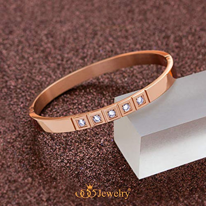 555Jewelry Stainless Steel CZ Cuff Hinged Bangle Bracelet for Men & Women - color: Rose Gold