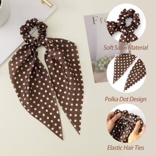 6 PCS Scrunchies with Bow, Bow Hair Ties with Polka Dot | Hair Scarf Scrunchies for Women Girls, Knotted Bows Silk Hair Ties, Satin Hair Ribbon Elastic Hair Tie, Long - color: Polka Dot