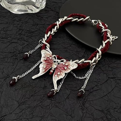 Gothic Black Choker Necklace, Elegant Lace Collar Design, Adjustable Velvet Ribbon, Dark Jewelry for Women, Unique Goth Gifts - style: Red Butterfly