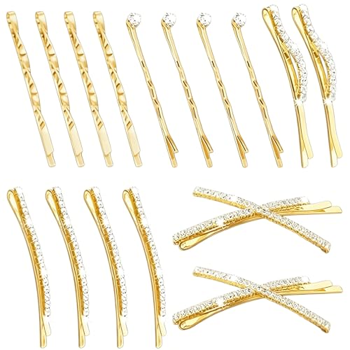 16Pcs Gold Rhinestone Pins Set, Delicate Crystal Hair Clips for Women Girls, Shiny Metal Barrettes Fancy Decorative Hair Accessories for Wedding Prom Party Daily Use