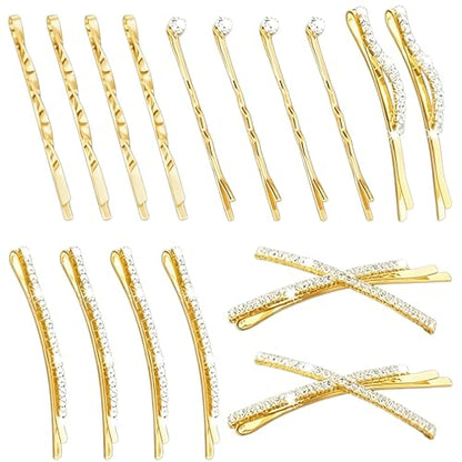 16Pcs Gold Rhinestone Pins Set, Delicate Crystal Hair Clips for Women Girls, Shiny Metal Barrettes Fancy Decorative Hair Accessories for Wedding Prom Party Daily Use