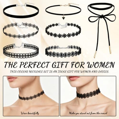 7 Pcs Black Velvet Choker Set - Gothic Tattoo Lace Choker Necklaces, Adjustable Retro Chokers Jewelry for Women Party Cosplay Christmas Birthday