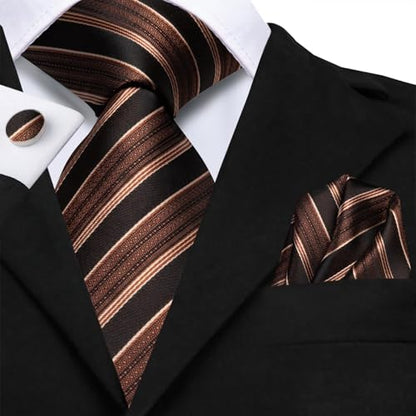 Hi-Tie Men 63inches Tie Set Extra Long Necktie Paisley Tie Pocket Suqare Cufflinks Big and Tall Men Tie - color: Black Brown