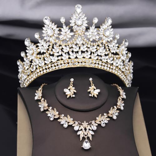 Crowns and Tiaras Jewelry Set for Women.Wedding (Gold Green) | Wedding Crown, Necklace Earrings, Princess Queen Birthday Party, Pageant Bridal, Costume Accessories - color: Gold White