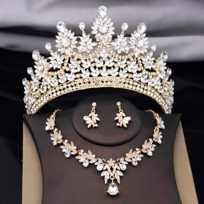 Crowns and Tiaras Jewelry Set for Women.Wedding (Gold Green) | Wedding Crown, Necklace Earrings, Princess Queen Birthday Party, Pageant Bridal, Costume Accessories - color: Gold White