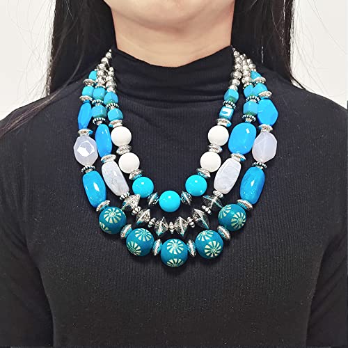 Bocar 3 Layer Chunky Statement Beaded Necklace and Earrings Set, Fashion Multi Layer Women Collar Necklace Jewelry Set - color: Cyan Blue