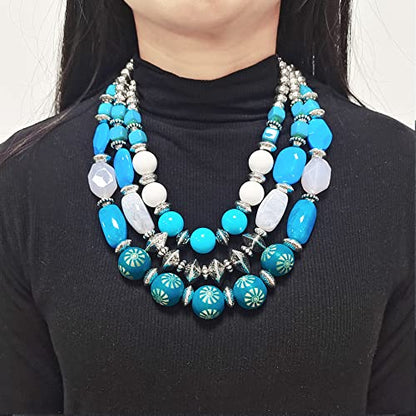 Bocar 3 Layer Chunky Statement Beaded Necklace and Earrings Set, Fashion Multi Layer Women Collar Necklace Jewelry Set - color: Cyan Blue