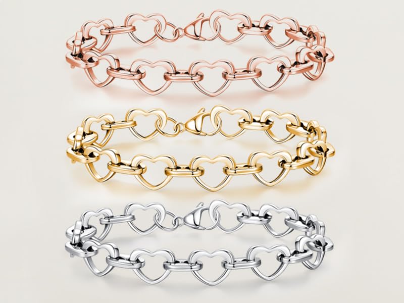 mnmoom Heart Bracelets for Women Stainless Steel with Rose gold, gold plating Heart links bracelets - color: MIX