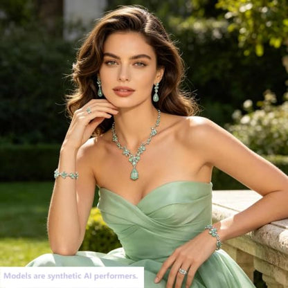 Kamirola Bridal Jewelry Set, Jewelry Set for Women, Necklace Dangle Earrings Bracelet Set, White Gold Plated (TR76) - color: Cream Green