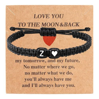 Valentines Day Gifts for Him Her Heart Love Letter Initial Matching Couple Bracelets for Women Men Teen Gifts Best Friend Graduation Birthday Gifts A-Z Braided Bracelet Son Daughter Dad Jewelry - color: Black-Z