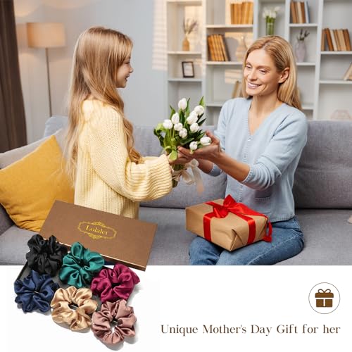 Lolalet Scrunchies for Women, Satin Hair Scrunchies Softer Than Silk Hair Ties for Hair Sleep, Big Scrunchy Ponytail Holder with Elastic Hair Bands for Girls Thick Thin Curly Hair -6 Pack, Style D - color: 3 - Satin/Dark Blue, Champagne, Light Purple, Bla