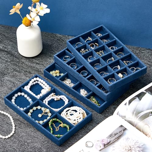 12 Pcs Jewelry Tray Velvet Stackable Jewelry Organizer Trays Divided Earring Accessories Storage Containers Box (Rose Red) - color: Peacock Blue