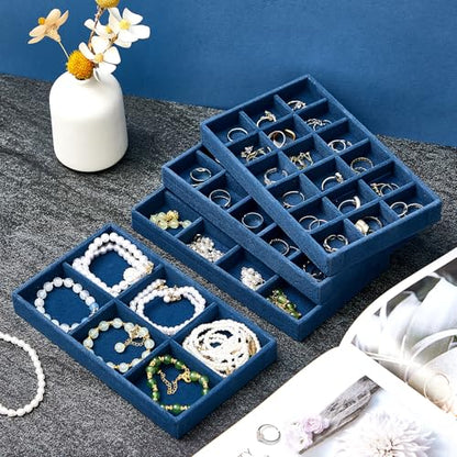 12 Pcs Jewelry Tray Velvet Stackable Jewelry Organizer Trays Divided Earring Accessories Storage Containers Box (Rose Red) - color: Peacock Blue