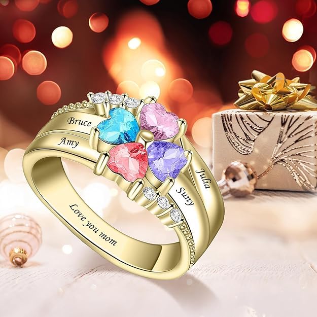 Custom Multi-Stone Family Ring 925 Sterling Silver/10K/14K/18K Gold Colored Personalized (2-8 stones) Birthstone Engraved Ring for Women Mom Wife Jewelry Gifts - style: Four Stone
