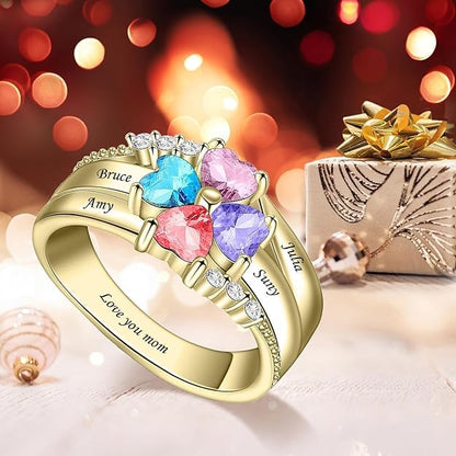 Custom Multi-Stone Family Ring 925 Sterling Silver/10K/14K/18K Gold Colored Personalized (2-8 stones) Birthstone Engraved Ring for Women Mom Wife Jewelry Gifts - style: Four Stone