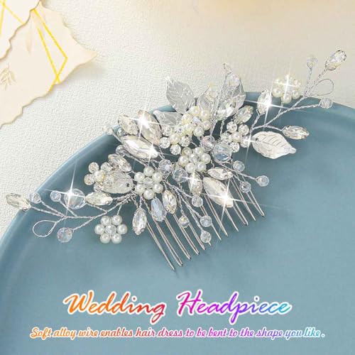 Catery Bridal Hair Comb Silver Prom Piece Wedding Accessories for Brides | Rhinestone Bride Hair Accessory Pieces Pearl Side Clip Leaf Decorative Hair Combs Headpiece Bridesmaid