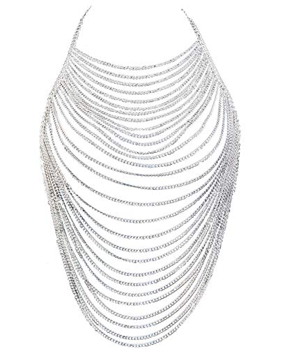 CHRAN Multi-Layer Body Chain Necklace, Gold Metal Chain Halter Top Jewelry, Sexy Chest Chain Accessory for Women - color: silver