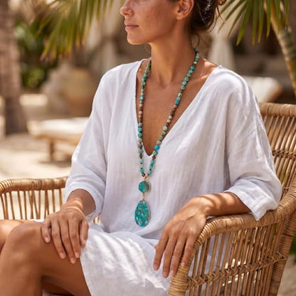 Gmai Boho Necklace for Women Long Beaded Pendant Necklace Natural Stone Teardrop pendant Jewelry Festival Vacation Gift Everyday Handmade Unique Statement Necklace - color: blue