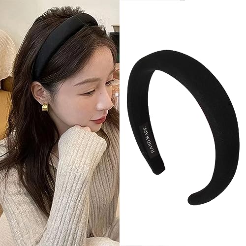 Black Padded Headband for Women - Wide, Simple, Soft Satin Hair Hoop for Girls and Teens, No Teeth Thick Head Accessory - color: Black