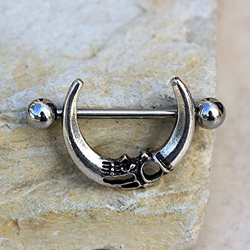 Pierced Owl 14GA Stainless Steel Gothic Skull Crescent Moon Nipple Shields, Sold as a Pair