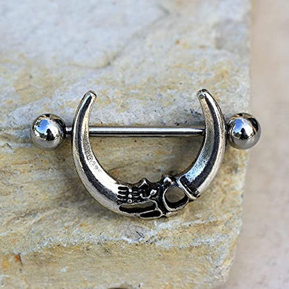 Pierced Owl 14GA Stainless Steel Gothic Skull Crescent Moon Nipple Shields, Sold as a Pair