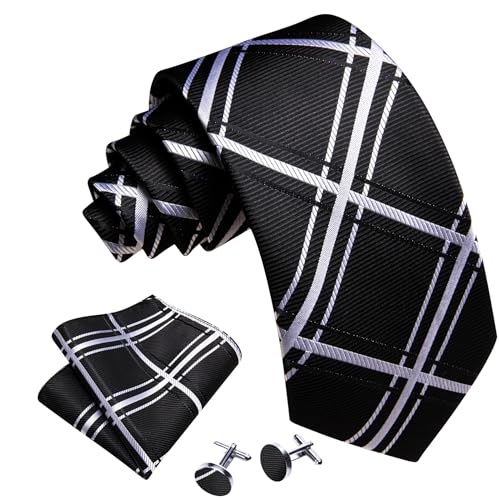 YOHOWA Men Plaid/Striped Ties Clip Set Silk Necktie Pocket Square Cufflinks | Woven Classic,Formal/Casual Mens Tie,Pocket Square Cufflinks Set,Luxury,Business,Wedding,Party,Prom,Graduation - color: Black White