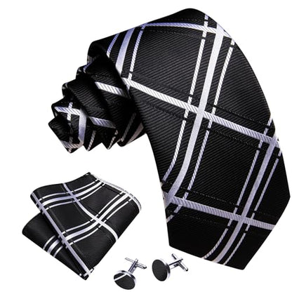 YOHOWA Men Plaid/Striped Ties Clip Set Silk Necktie Pocket Square Cufflinks | Woven Classic,Formal/Casual Mens Tie,Pocket Square Cufflinks Set,Luxury,Business,Wedding,Party,Prom,Graduation - color: Black White