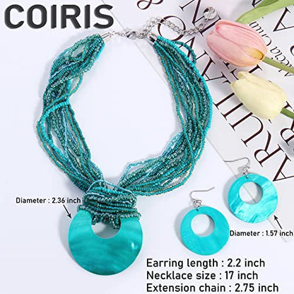 Coiris Multi Strand Statement Colorful Beaded Necklace with Big Circle Shell Pendant for Women - color: Teal-
