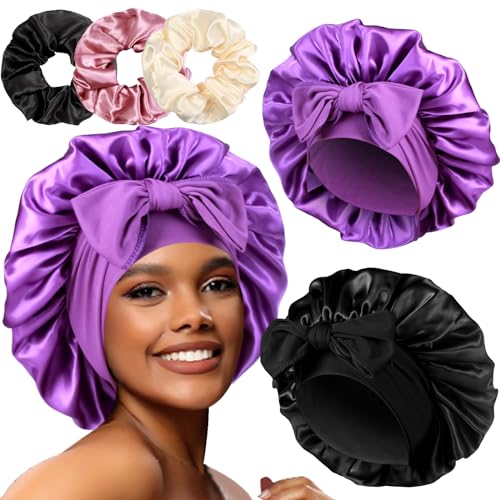 2+3 Large Satin Bonnets with Scrunchies for Women, Hair Bonnet Sleeping Tie Bonnet for Braids Curly Hair - color: E - Black, Purple