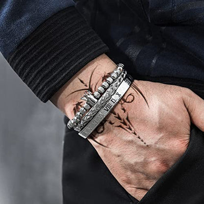 WFYOU 3PCS Stainless Steel Imperial Crown Bracelets for Men Gold Roman Numeral Bangle Bracelet Adjustable Cuff Bracelet Mens Luxury Jewelry Gifts - style: 10:Silver- Crown