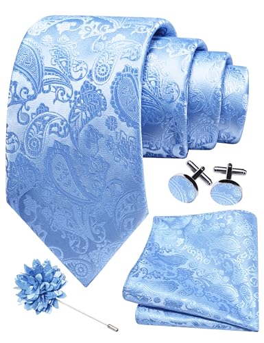 GUSLESON 3.15"（8cm） Mens Paisley Tie and Lapel Pin Necktie Hankerchief Cufflinks Set for Men - color: Baby Blue