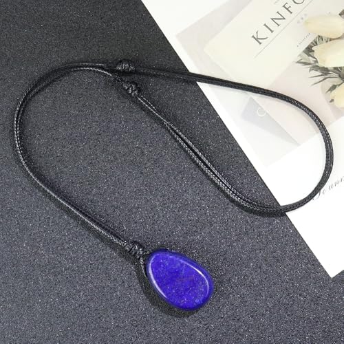 Natural Gemstone Pendant Necklace Healing Crystal Stone Choker Necklace Adjustable Waxed Black Rope for Men - color: Lapis Lazuli