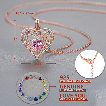 5 Heart I Love You Necklace for Women, Birthstone Crystal Pendant, Birthday Gift for Her, Wife, Mom, Rose Gold or Gunmetal Plated, 925 Sterling Silver Chain 18"+2" - color: 10-October-Pink Tourmaline Quartz Rose-Rose Gold Plated