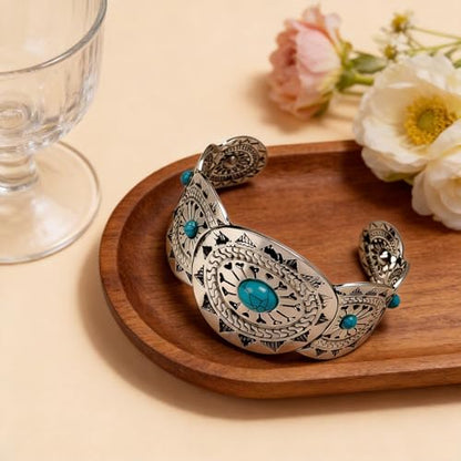Western Bracelet for Women, Silver-Tone Concho Boho Bracelet Turquoise Cuff Adjustable Western Bangle for Rodeo Country Outfit Gifts