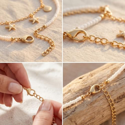 Women Layer Beaded Belly Chain Gold Plated Ocean Charm Waist Chain with Pearl Starfish Seashell Pendant, Adjustable Boho Bikini Body Jewelry for Summer Beach Pool Party Vacation