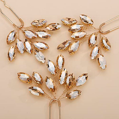 Teyglen 3pcs Bridal Crystal Hair Pins Rhinestones Hair Pieces Simple Crystal Wedding Hair Accessories Handmade Hair Pins for Women Bride(Champagne) - color: Champagne