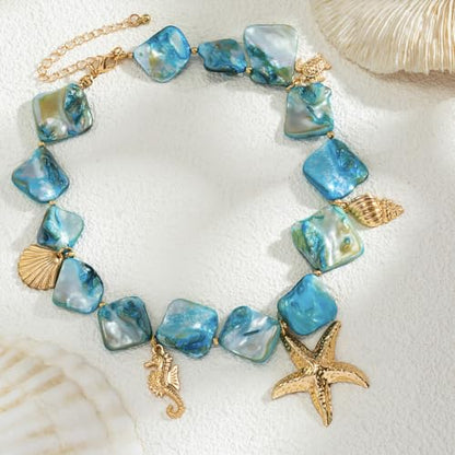 Boho Chunky Shell Necklace for Women Baroque Pearl Pendant Necklaces Irregular Shell Beaded Choker Necklace Trendy Vacation Jewelry Accessories - color: Blue2