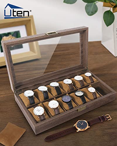 Uten Watch Box 12 Slots, Watch Case Organizer with Real Glass Lid, Wood Grain PU Leather Watch Display Storage Box with Removable Imitation Suede Watch Pillows, Metal Clasp | Watch Jewelry Box, Soft Pillow, Metal Clasp, for Watch Size up to 55mm, Gifts fo