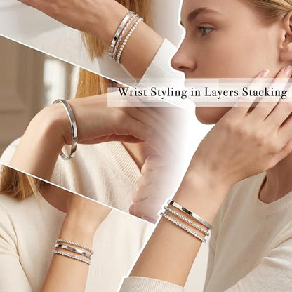925 Sterling Silver Bracelets for Women Stack, Trendy Tennis Bangle Cuff Jewelry Set 14K Gold Plated, Adjustable Bracelet Set for Wrist Essentials, Women Fashion Watch Band Acecessories - style: Bracelet_3pcs(Dainty Tennis Set-Silver)