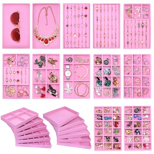 12 PCS Jewelry Trays Earriing Organizer Velvet Jewellry Drawer Box Stackable Jewelryy Dispaly Case for Rings Holder Necklace Bracelet Watch - color: Pink, size: 12 Pack