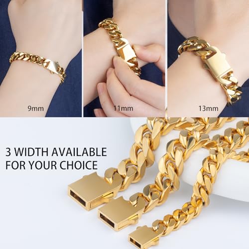 Cuban Link Bracelet for Men&Women, 9/11/13mm Width 7.5/8.5 Inch Length, 18K Gold Plated Stainless Steel Miami Cuban Hand Chain Wrist Bracelets,No Tarnish& Durable Hip Hop Jewelry - color: Gold, size: W11mm-L7.5inches