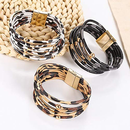 ZMANYIJEW Leather Wrap Bracelets for Women,Boho Cuff Bracelets Multi-Layer Crystal Beads Cuff Bracelet Multilayered Leopard Leather Braided Bangle Wrist Cuff Bangles - style: Leopard