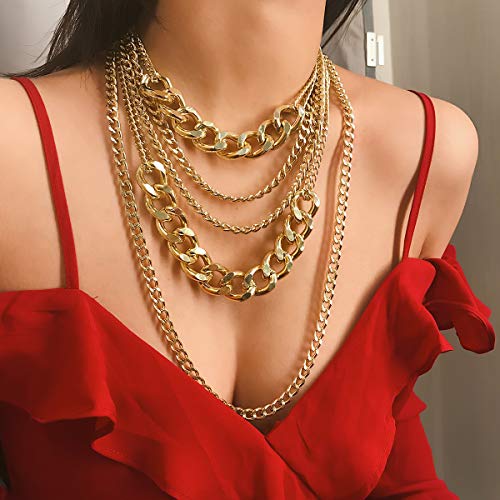 CSIYANJRY99 Chunky Gold Necklaces for Women,Multilayer Punk 80s Hip Hop Necklace,Layered Cuban Link Chain Statement Necklace 90s Freaknik Outfit Accessories for Women - color: Gold