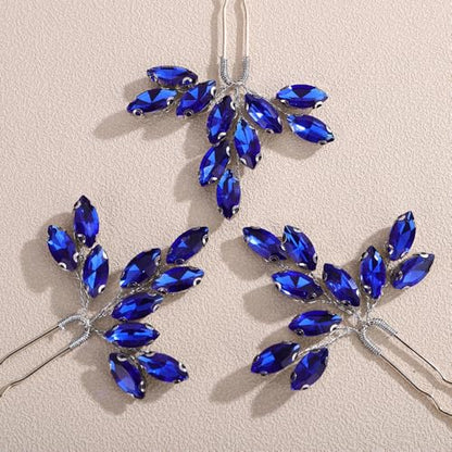 Teyglen 3pcs Bridal Crystal Hair Pins Rhinestones Hair Pieces Simple Crystal Wedding Hair Accessories Handmade Hair Pins for Women Bride (Blue) - color: Blue