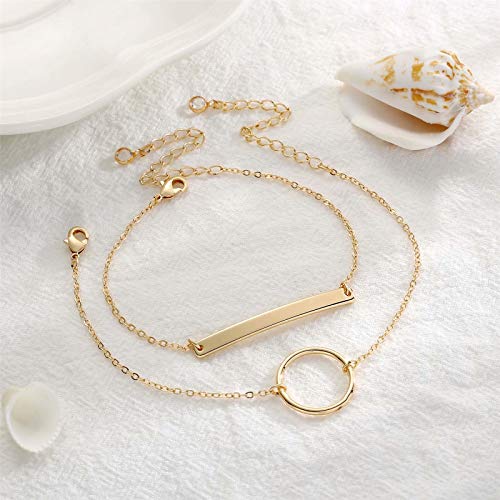 Dainty Gold Bracelets for Women, 14K Gold Plated Adjustable Layered Beads Bracelet Cute Evil Eye Oval Chain Pearl Bar Turtle Gold Bracelets for Women Jewelry - style: Circle&Bar