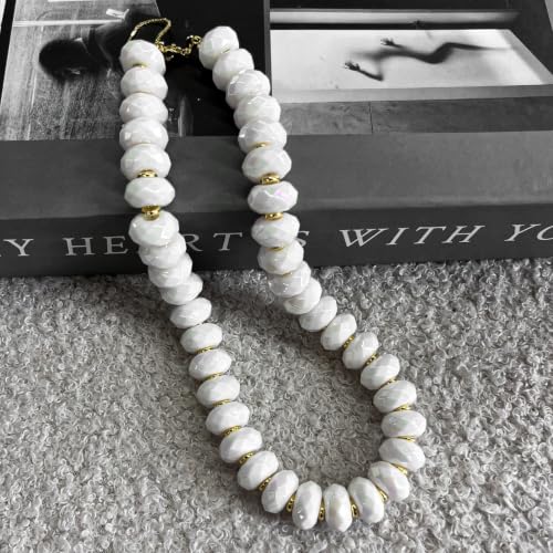 Colorful Chunky Acrylic Beaded Choker Necklaces for Women | Multicolor Faceted Beads, Sturdy Metal Chain, Adjustable Detachable, Lightweight, Summer Boho, Sparkly Statement Jewelry Gift - color: White
