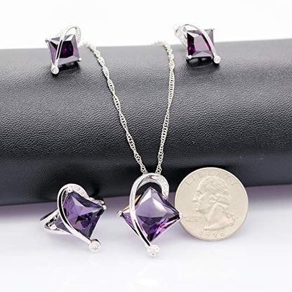 Uloveido Charm Created Topaz Big Square Crystal Necklace Matching Stud Earrings Rings Jewelry Set T295 - color: Purple